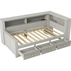 Okwish Lit Banquette Simple 90x200 cm - avec Rangement Intégré, 3 Tiroirs et Étagères, MDF et Contreplaqué, Gris, sans Matelas*Enfant Lit Enfant