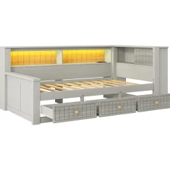 Okwish Lit Banquette Simple 90x200 cm - avec Rangement Intégré, 3 Tiroirs et Étagères, MDF et Contreplaqué, Gris, sans Matelas*Enfant Lit Enfant