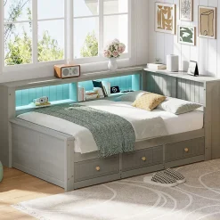 Okwish Lit Banquette Simple 90x200 cm - avec Rangement Intégré, 3 Tiroirs et Étagères, MDF et Contreplaqué, Gris, sans Matelas*Enfant Lit Enfant
