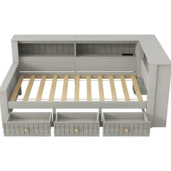 Okwish Lit Banquette Simple 90x200 cm - avec Rangement Intégré, 3 Tiroirs et Étagères, MDF et Contreplaqué, Gris, sans Matelas*Enfant Lit Enfant