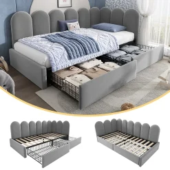 Okwish Lit Banquette 90x200 cm - Lit Enfant Capitonné avec 2 Tiroirs de Rangement et Sommier à Lattes, en Velours - sans Matelas - Gris* Lit Simple