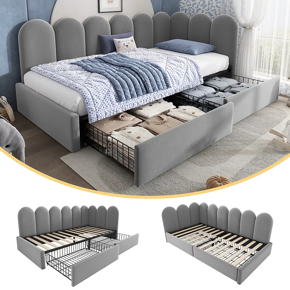 Okwish Lit Banquette 90x200 cm - Lit Enfant Capitonné avec 2 Tiroirs de Rangement et Sommier à Lattes, en Velours - sans Matelas - Gris* Lit Simple