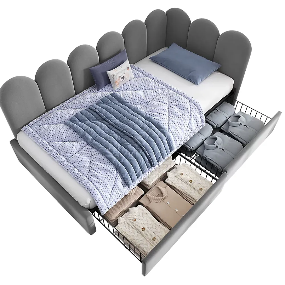 Okwish Lit Banquette 90x200 cm - Lit Enfant Capitonné avec 2 Tiroirs de Rangement et Sommier à Lattes, en Velours - sans Matelas - Gris* Lit Simple
