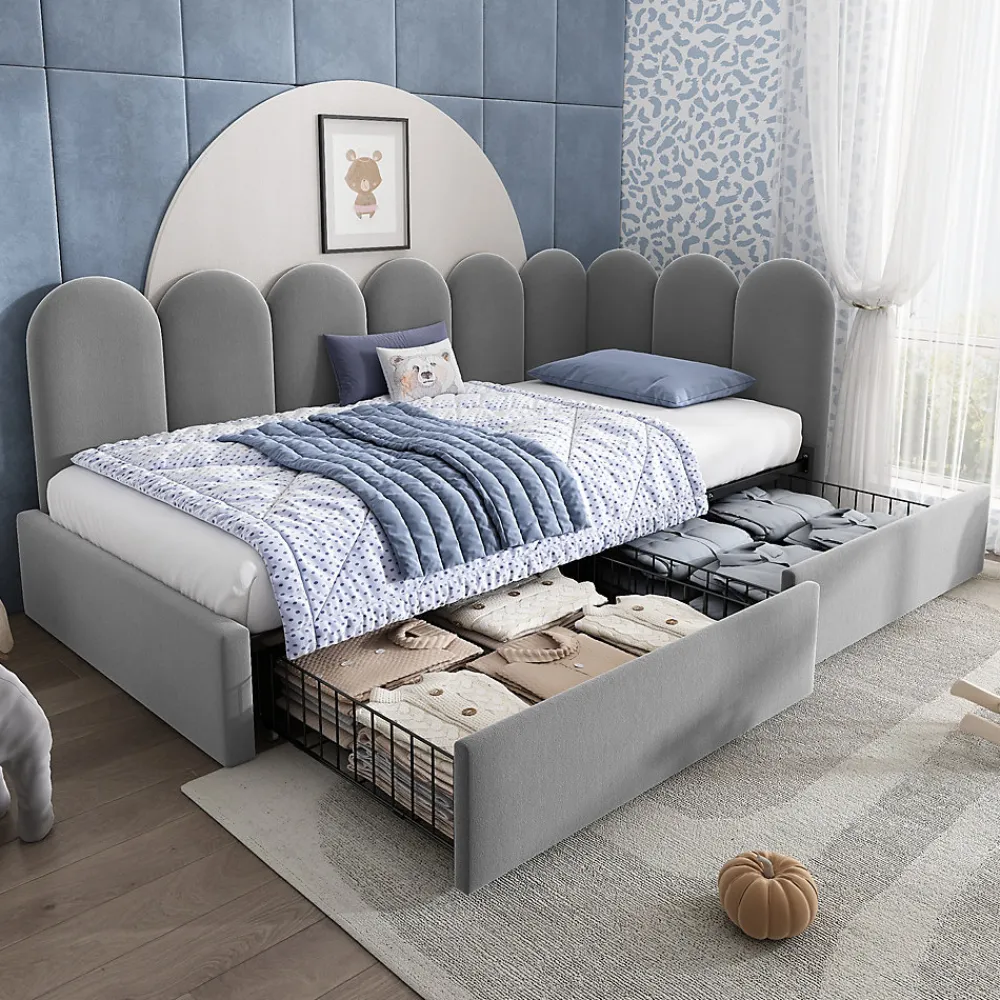 Okwish Lit Banquette 90x200 cm - Lit Enfant Capitonné avec 2 Tiroirs de Rangement et Sommier à Lattes, en Velours - sans Matelas - Gris* Lit Simple