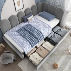 Okwish Lit Banquette 90x200 cm - Lit Enfant Capitonné avec 2 Tiroirs de Rangement et Sommier à Lattes, en Velours - sans Matelas - Gris* Lit Simple