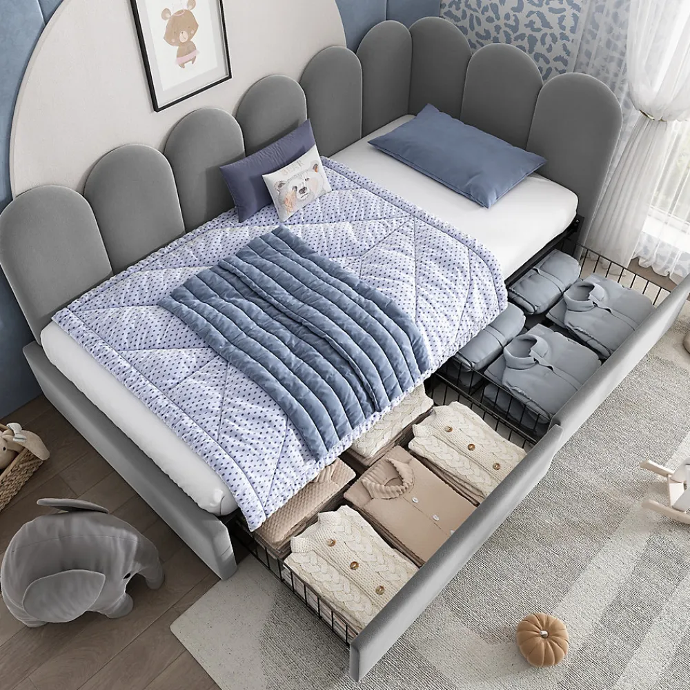 Okwish Lit Banquette 90x200 cm - Lit Enfant Capitonné avec 2 Tiroirs de Rangement et Sommier à Lattes, en Velours - sans Matelas - Gris* Lit Simple