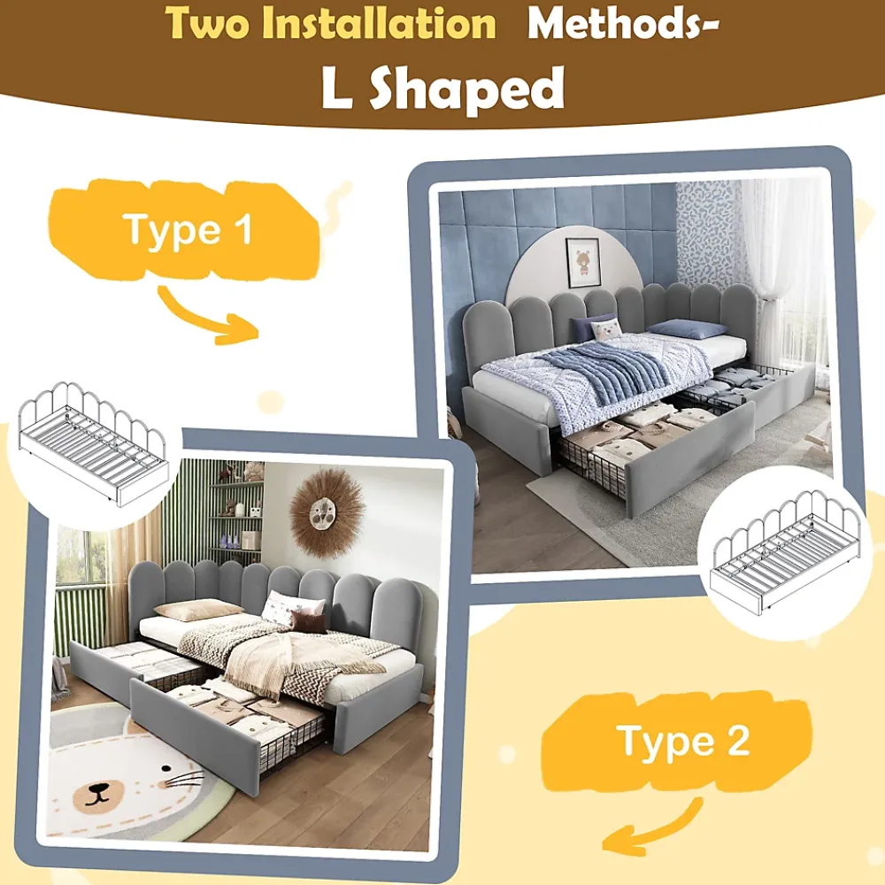 Okwish Lit Banquette 90x200 cm - Lit Enfant Capitonné avec 2 Tiroirs de Rangement et Sommier à Lattes, en Velours - sans Matelas - Gris* Lit Simple