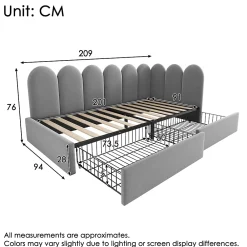 Okwish Lit Banquette 90x200 cm - Lit Enfant Capitonné avec 2 Tiroirs de Rangement et Sommier à Lattes, en Velours - sans Matelas - Gris* Lit Simple