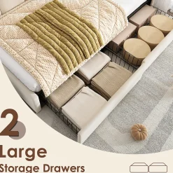 Okwish Lit Banquette 90x200 cm - Lit Enfant Capitonné avec 2 Tiroirs de Rangement et Sommier à Lattes, en Velours - sans Matelas - Beige* Lit Simple