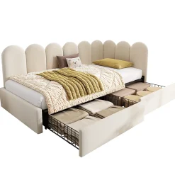 Okwish Lit Banquette 90x200 cm - Lit Enfant Capitonné avec 2 Tiroirs de Rangement et Sommier à Lattes, en Velours - sans Matelas - Beige* Lit Simple