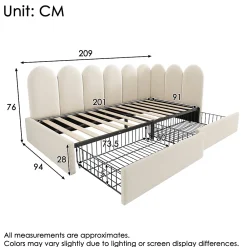 Okwish Lit Banquette 90x200 cm - Lit Enfant Capitonné avec 2 Tiroirs de Rangement et Sommier à Lattes, en Velours - sans Matelas - Beige* Lit Simple