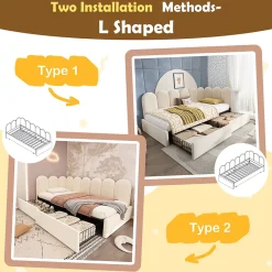 Okwish Lit Banquette 90x200 cm - Lit Enfant Capitonné avec 2 Tiroirs de Rangement et Sommier à Lattes, en Velours - sans Matelas - Beige* Lit Simple