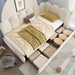 Lit Banquette 90x190 cm - Lit Enfant Capitonné avec 2 Tiroirs de Rangement et Sommier à Lattes, en Velours - sans Matelas - Beige>Okwish New