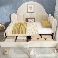 Lit Banquette 90x190 cm - Lit Enfant Capitonné avec 2 Tiroirs de Rangement et Sommier à Lattes, en Velours - sans Matelas - Beige>Okwish New
