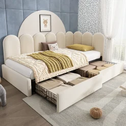 Lit Banquette 90x190 cm - Lit Enfant Capitonné avec 2 Tiroirs de Rangement et Sommier à Lattes, en Velours - sans Matelas - Beige><noscript><img width=