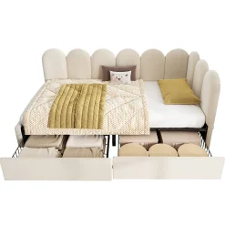 Lit Banquette 90x190 cm - Lit Enfant Capitonné avec 2 Tiroirs de Rangement et Sommier à Lattes, en Velours - sans Matelas - Beige><noscript><img width=