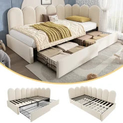 Lit Banquette 90x190 cm - Lit Enfant Capitonné avec 2 Tiroirs de Rangement et Sommier à Lattes, en Velours - sans Matelas - Beige><noscript><img width=