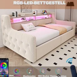 Okwish Lit Banquette 90x200 cm en Velours avec Éclairage LED, Prise Électrique et Ports USB - Sans Matelas - Beige* Lit Coffre