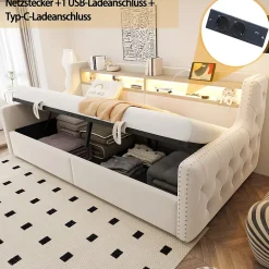 Okwish Lit Banquette 90x200 cm en Velours avec Éclairage LED, Prise Électrique et Ports USB - Sans Matelas - Beige* Lit Coffre