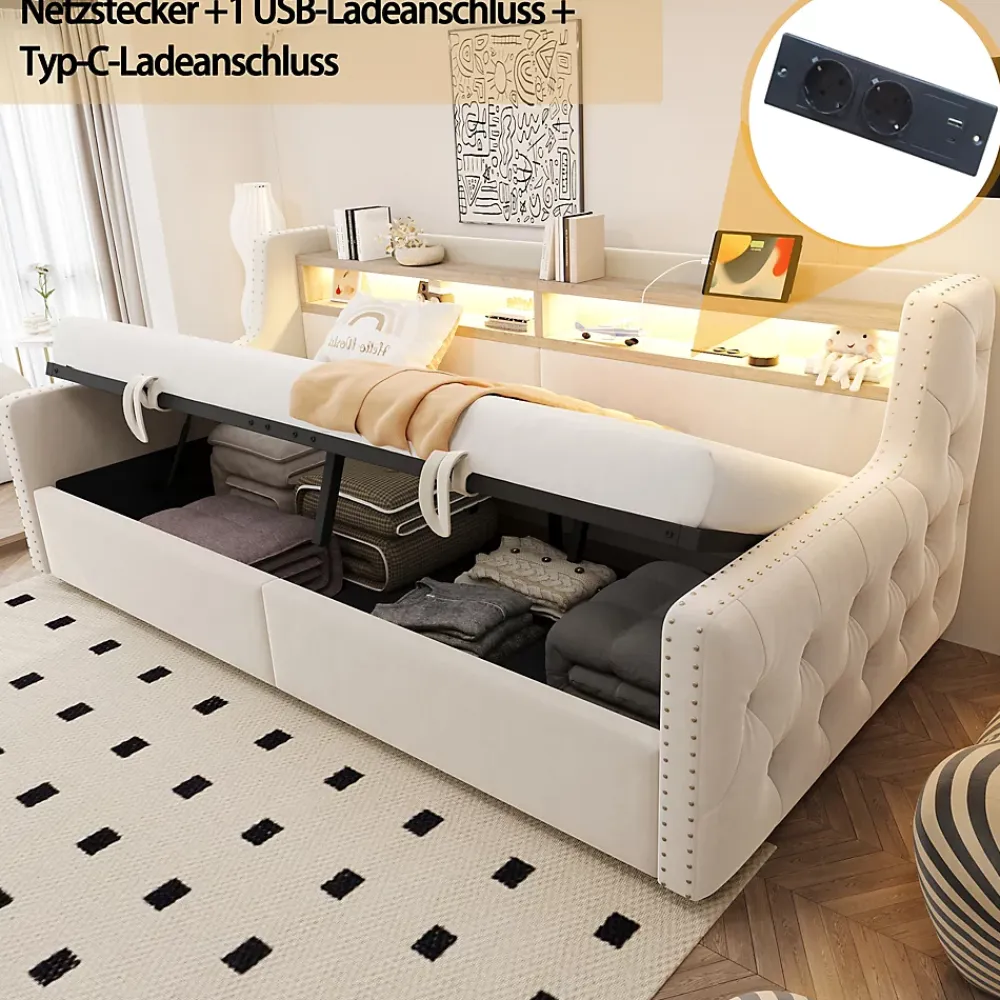 Okwish Lit Banquette 90x200 cm en Velours avec Éclairage LED, Prise Électrique et Ports USB - Sans Matelas - Beige* Lit Coffre
