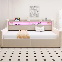 Okwish Lit Banquette 90x200 cm en Velours avec Éclairage LED, Prise Électrique et Ports USB - Sans Matelas - Beige* Lit Coffre