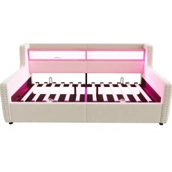 Okwish Lit Banquette 90x200 cm en Velours avec Éclairage LED, Prise Électrique et Ports USB - Sans Matelas - Beige* Lit Coffre