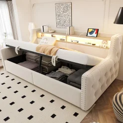Okwish Lit Banquette 90x200 cm en Velours avec Éclairage LED, Prise Électrique et Ports USB - Sans Matelas - Beige* Lit Coffre