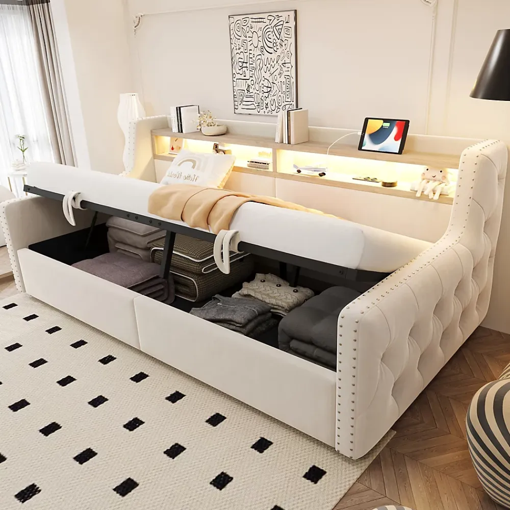Okwish Lit Banquette 90x200 cm en Velours avec Éclairage LED, Prise Électrique et Ports USB - Sans Matelas - Beige* Lit Coffre