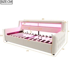 Okwish Lit Banquette 90x200 cm en Velours avec Éclairage LED, Prise Électrique et Ports USB - Sans Matelas - Beige* Lit Coffre