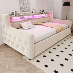 Okwish Lit Banquette 90x200 cm en Velours avec Éclairage LED, Prise Électrique et Ports USB - Sans Matelas - Beige* Lit Coffre