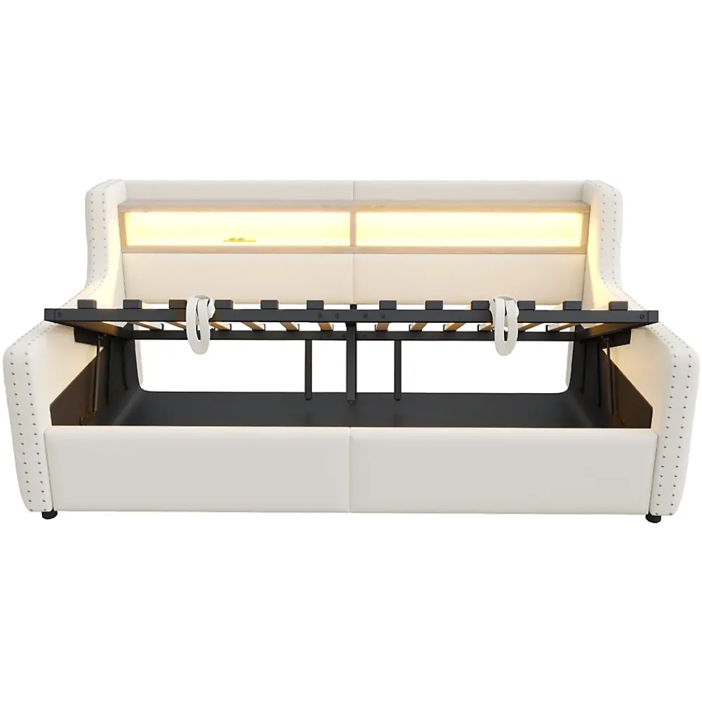 Okwish Lit Banquette 90x200 cm en Velours avec Éclairage LED, Prise Électrique et Ports USB - Sans Matelas - Beige* Lit Coffre