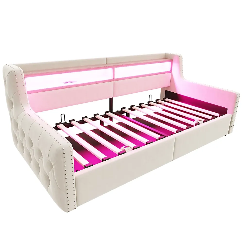 Okwish Lit Banquette 90x200 cm en Velours avec Éclairage LED, Prise Électrique et Ports USB - Sans Matelas - Beige* Lit Coffre