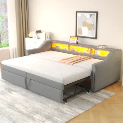 Lit banquette 90x200+180x200 cm gigogne avec rangement, éclairage LED, prise USB, structure lin métal MDF gris clair sans matelas>Okwish Sale