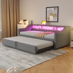 Lit banquette 90x200+180x200 cm gigogne avec rangement, éclairage LED, prise USB, structure lin métal MDF gris clair sans matelas>Okwish Sale