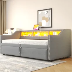 Lit banquette 90x200+180x200 cm gigogne avec rangement, éclairage LED, prise USB, structure lin métal MDF gris clair sans matelas><noscript><img width=
