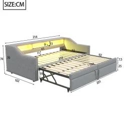 Lit banquette 90x200+180x200 cm gigogne avec rangement, éclairage LED, prise USB, structure lin métal MDF gris clair sans matelas><noscript><img width=