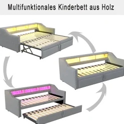 Lit banquette 90x200+180x200 cm gigogne avec rangement, éclairage LED, prise USB, structure lin métal MDF gris clair sans matelas><noscript><img width=