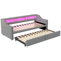 Lit banquette 90x200+180x200 cm gigogne avec rangement, éclairage LED, prise USB, structure lin métal MDF gris clair sans matelas><noscript><img width=