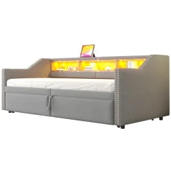 Lit banquette 90x200+180x200 cm gigogne avec rangement, éclairage LED, prise USB, structure lin métal MDF gris clair sans matelas><noscript><img width=
