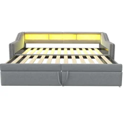 Lit banquette 90x200+180x200 cm gigogne avec rangement, éclairage LED, prise USB, structure lin métal MDF gris clair sans matelas><noscript><img width=