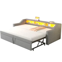 Lit banquette 90x200+180x200 cm gigogne avec rangement, éclairage LED, prise USB, structure lin métal MDF gris clair sans matelas><noscript><img width=