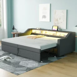 Okwish Lit banquette 90x200+180x200 cm gigogne avec rangement, éclairage LED, prise USB, structure lin métal MDF gris foncé sans matelas* Lit Gigogne
