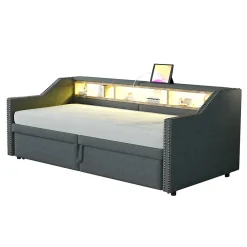 Okwish Lit banquette 90x200+180x200 cm gigogne avec rangement, éclairage LED, prise USB, structure lin métal MDF gris foncé sans matelas* Lit Gigogne