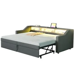 Okwish Lit banquette 90x200+180x200 cm gigogne avec rangement, éclairage LED, prise USB, structure lin métal MDF gris foncé sans matelas* Lit Gigogne