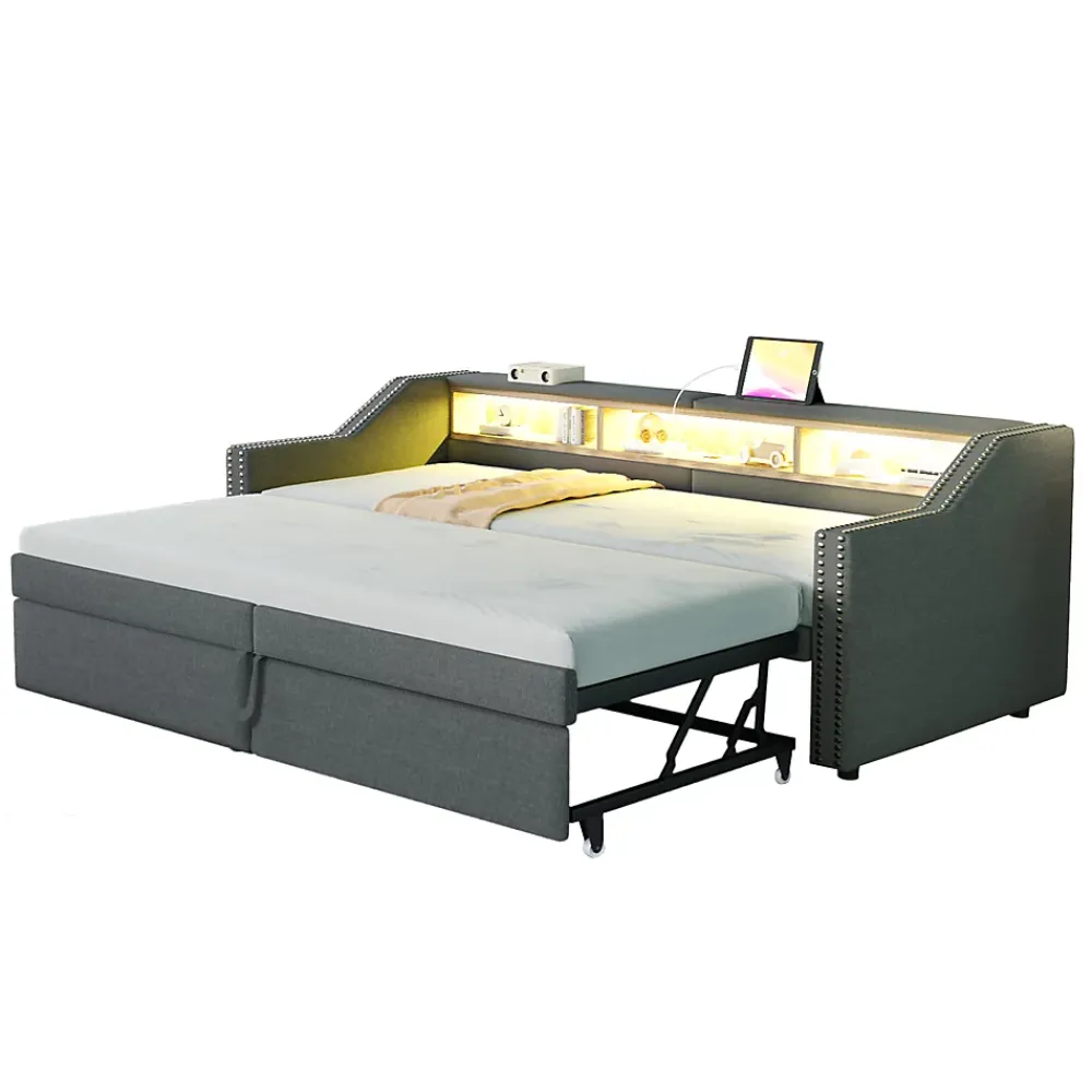 Okwish Lit banquette 90x200+180x200 cm gigogne avec rangement, éclairage LED, prise USB, structure lin métal MDF gris foncé sans matelas* Lit Gigogne