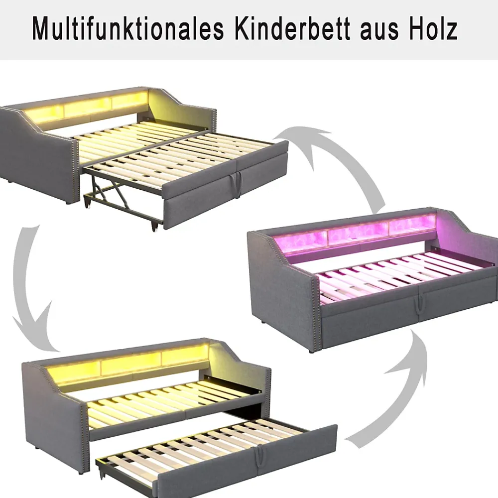 Okwish Lit banquette 90x200+180x200 cm gigogne avec rangement, éclairage LED, prise USB, structure lin métal MDF gris foncé sans matelas* Lit Gigogne