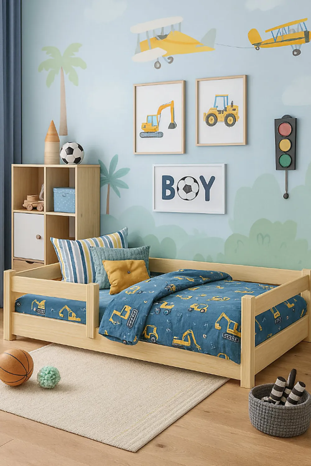 Lit bas Nordi 140x70 - Montessori bois naturel, lit enfant avec barreaux>Kobi Online