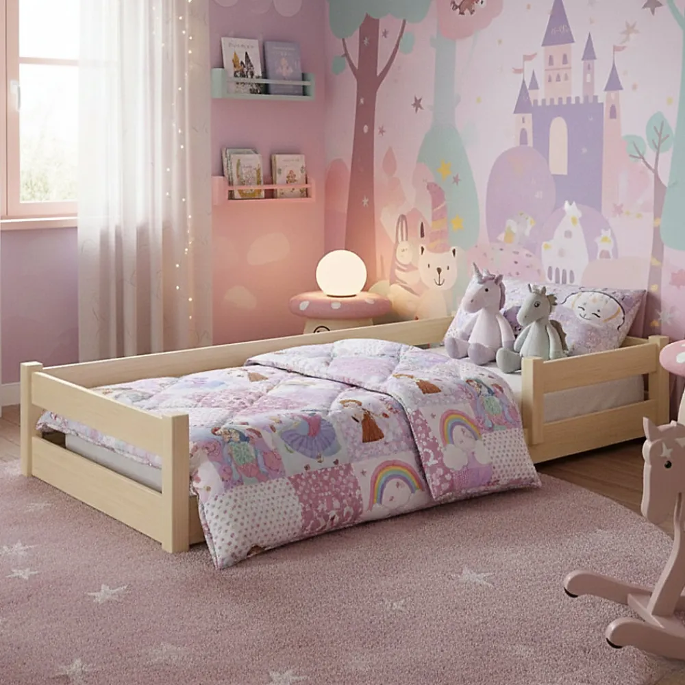 Lit bas Nordi 140x70 - Montessori bois naturel, lit enfant avec barreaux>Kobi Online
