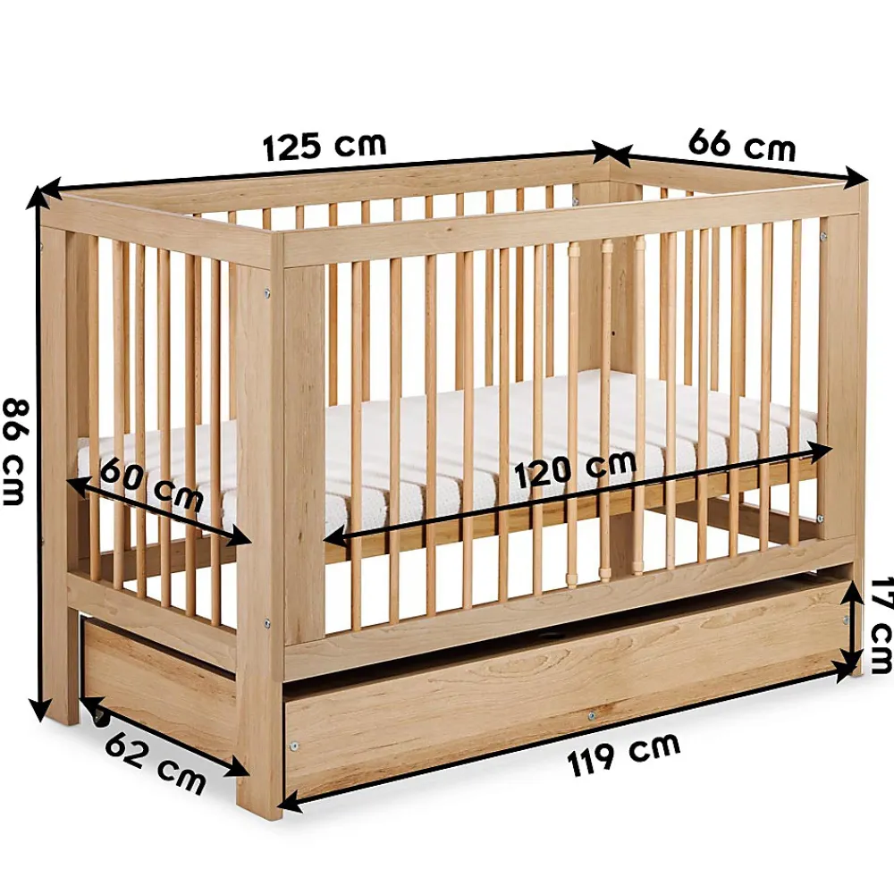 Monmobilierdesign Lit Bébé à Barreaux 120x60 Bois Avec Tiroir* Lit Coffre