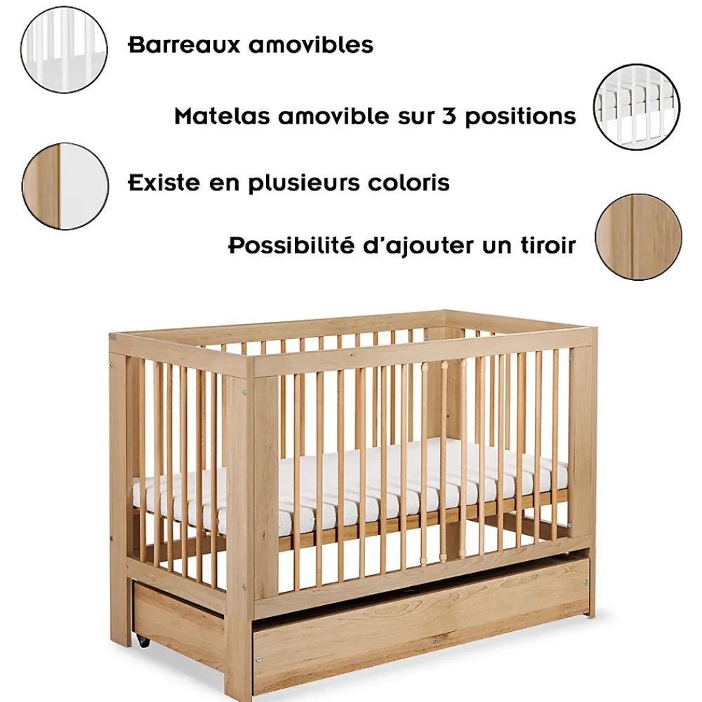 Monmobilierdesign Lit Bébé à Barreaux 120x60 Bois Avec Tiroir* Lit Coffre